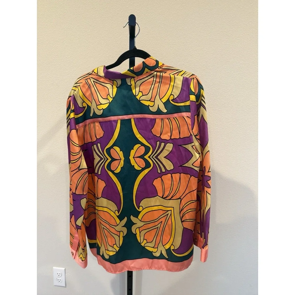 ZARA BLOGGERS FAV Printed Pocket Shirt Satin Pajama Style Colorful Size L Tropic - Picture 3 of 5
